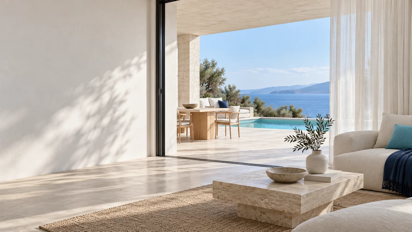 Ενδεικτικός σύγχρονος χώρος φιλοξενίας με λευκά υφάσματα και φωτεινή βεράντα